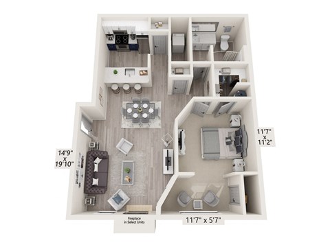 Floor plan for 1 bed, 1 bath, 870 sqft